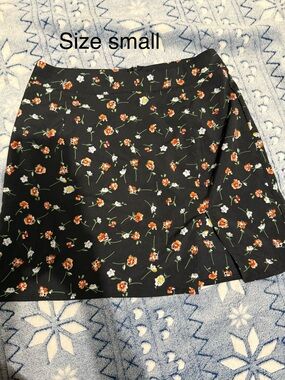 Floral A-Line Skirt - Black with Orange & White Flowers